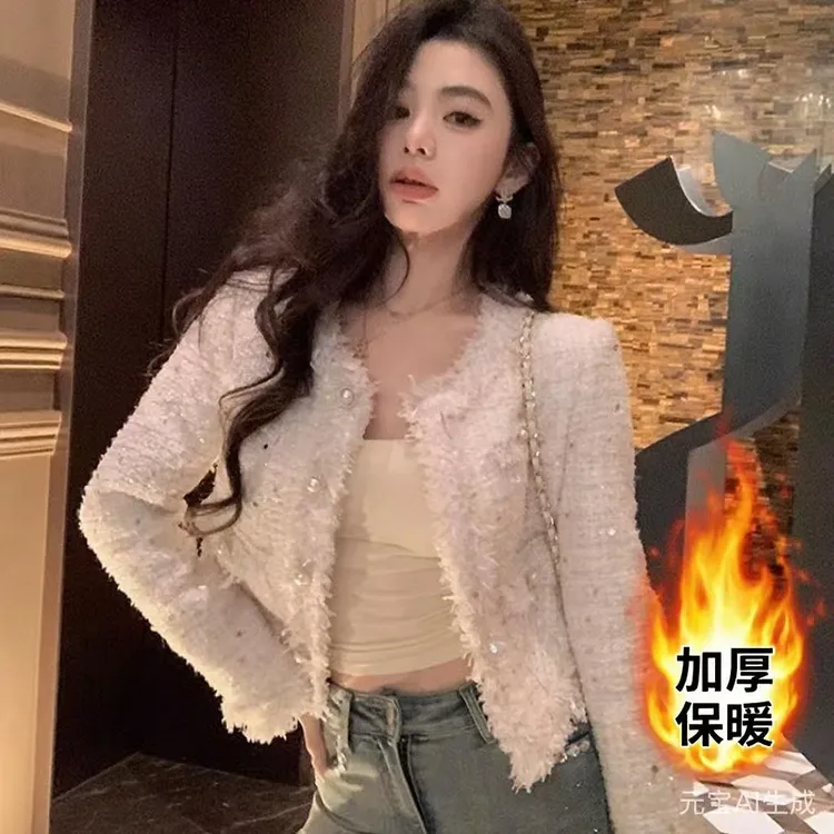 加厚保暖短款小香风外套女装冬季新款韩版宽松百搭粗花呢流苏上衣