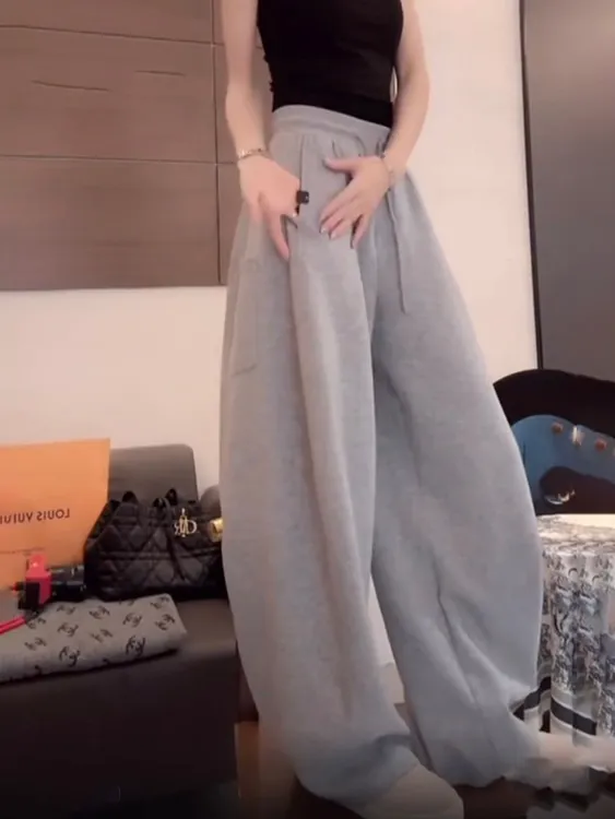 早秋爆灰色松紧腰休闲裤女2025新款时尚宽松显瘦卫裤百搭抽绳长裤