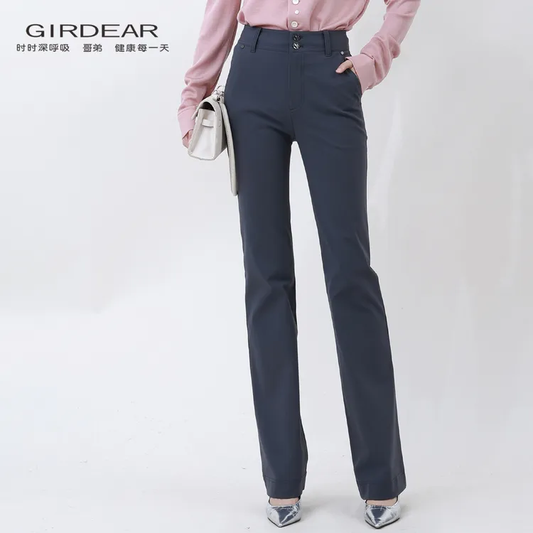 GIRDEAR/哥弟 新款女装双排扣高腰显瘦百搭紧身咖色微喇裤1100512