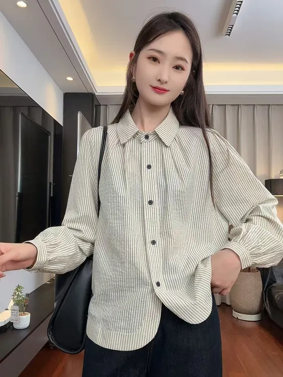 （棉）高级感复古拼接条纹长袖衬衫女2025秋季新款休闲洋气百搭上