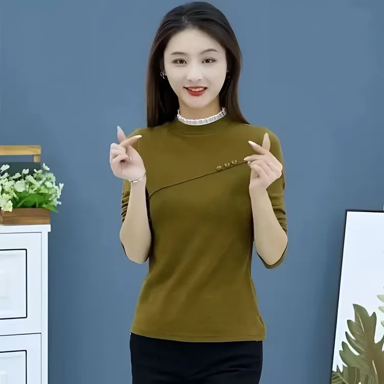 2025秋季德绒长袖T恤内搭纯色百搭显瘦上衣半高领洋气打底衫女