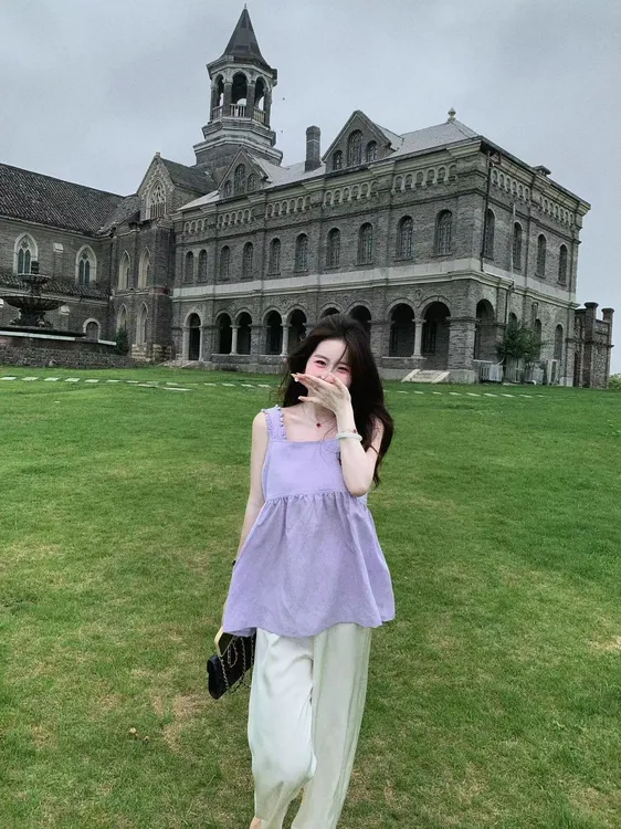 法式紫色花边吊带背心女2025夏季新款上衣超好看百搭直筒休闲裤