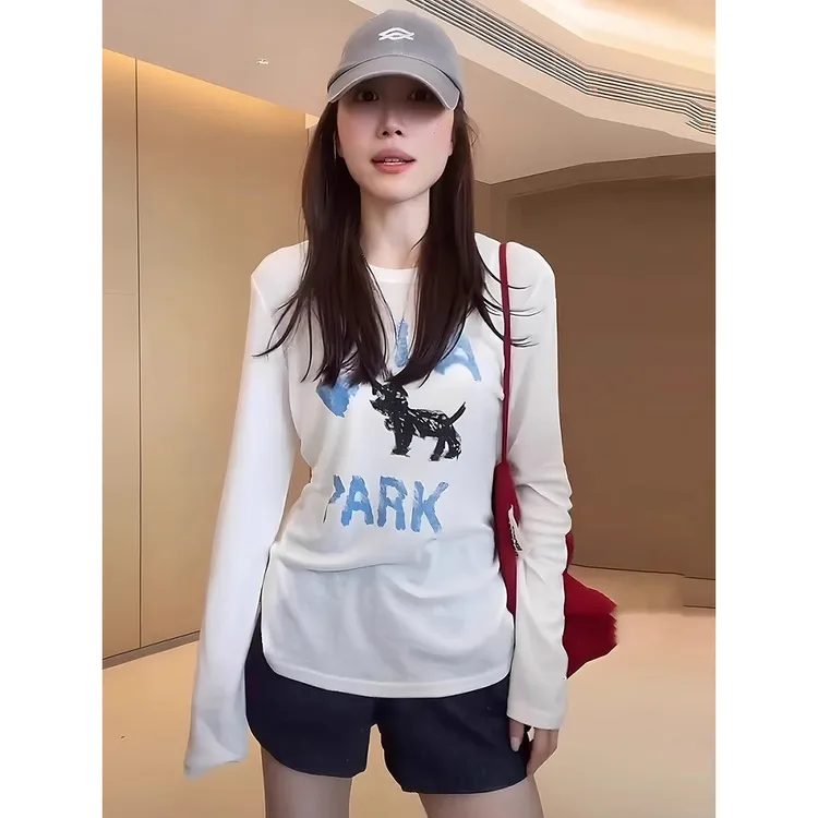 清新奶凶猫咪印花长袖空调衫T恤女夏薄针织防晒罩衫盐系打底上衣