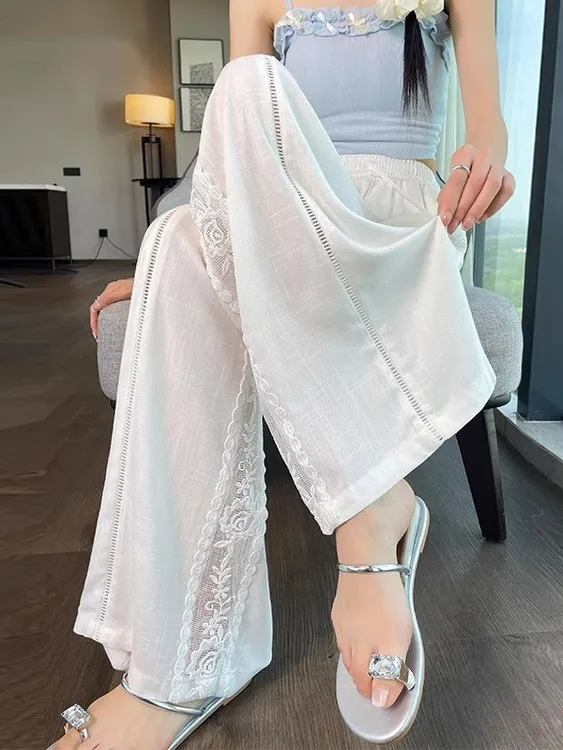 2025夏季新款天丝亚麻阔腿裤高腰休闲裤冰丝防晒拖地裤女