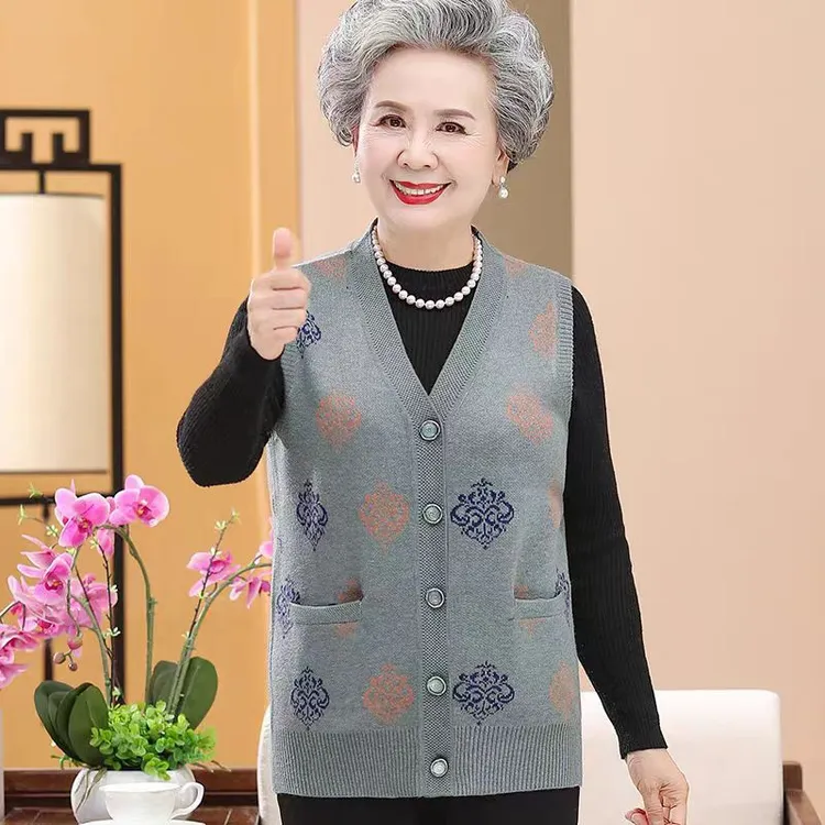 老年人秋装针织马甲奶奶装老太太衣服V领外套70岁80妈妈背心坎肩