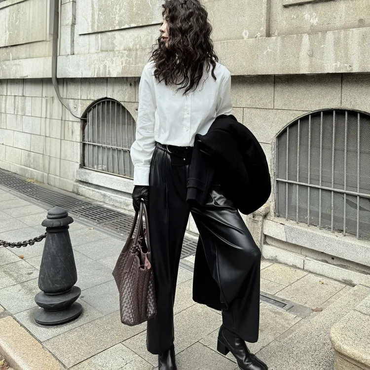 D&MX 高级感黑色蛋白皮双摺高个子弯刀皮裤C27011