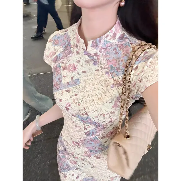 【春晓语蝶】新中式蕾丝碎花改良旗袍女春夏收腰显瘦旗袍连衣裙