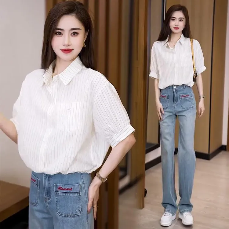 爆款衬衣女显瘦遮肚子短款上衣2025夏装条纹衬衫今年流行漂亮小衫