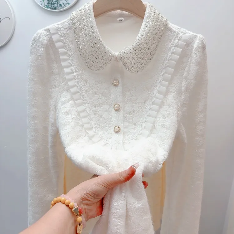 方领网纱蕾丝打底衫内搭宽松衬衫显瘦遮肉加绒秋冬小衫衬衣保暖女
