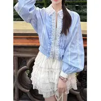 【mimius】&游鹿鹿 法式高级感蕾丝木耳边条纹衬衫 G02337