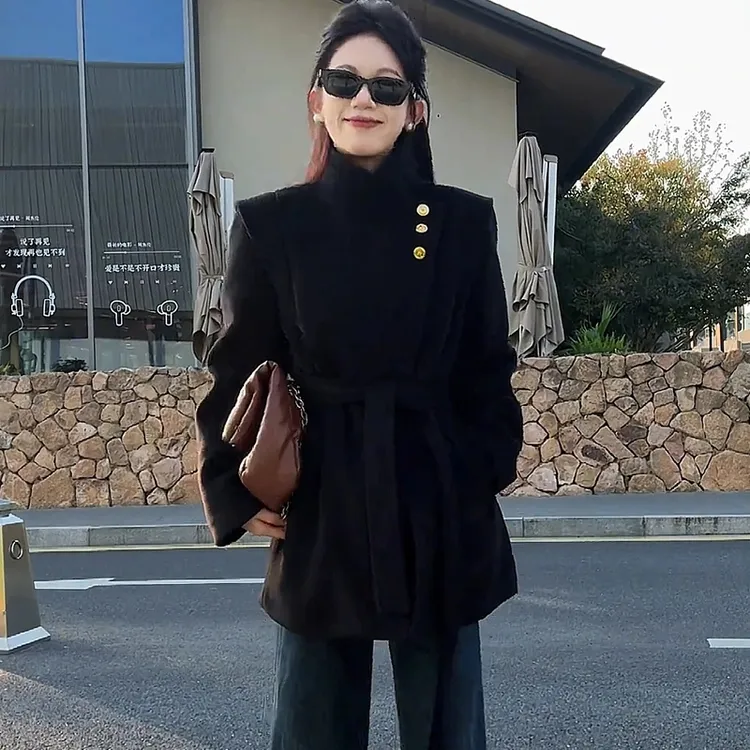 韩版时尚白鸭绒大衣毛呢保暖外套冬新款高级感气质女毛呢西装显瘦