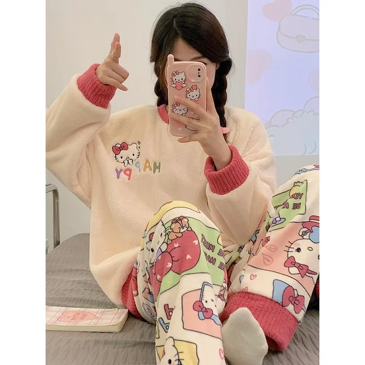 范哲萨秋冬季珊瑚绒睡衣女2025新款猫可爱卡通少女法兰绒加绒加厚