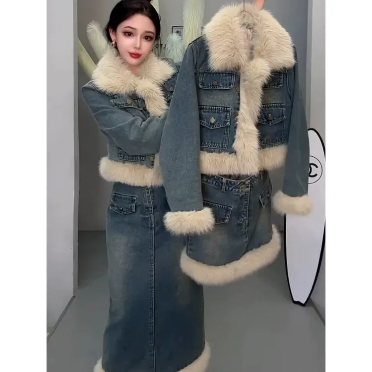 洋气辣妹时尚加棉牛仔套装裙女2024冬季新款毛毛边保暖夹克一步裙