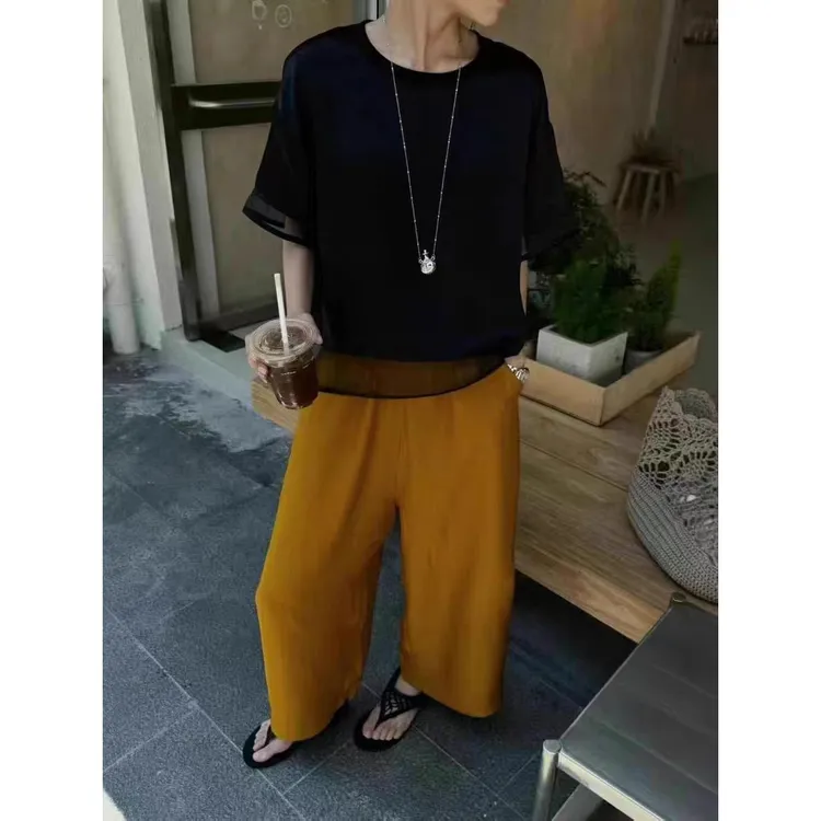 大码不规则网纱拼接短袖t恤女夏季胖mm宽松显瘦遮肚休闲小衫上衣