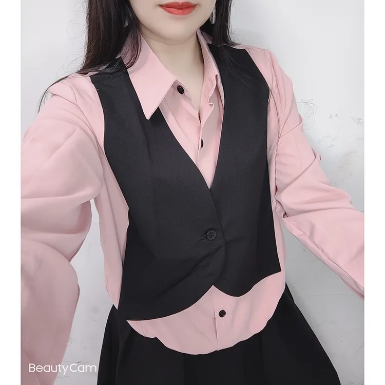 翻领寸衫假两件衬衫马甲开扣开衫宽松显瘦上衣长袖女装