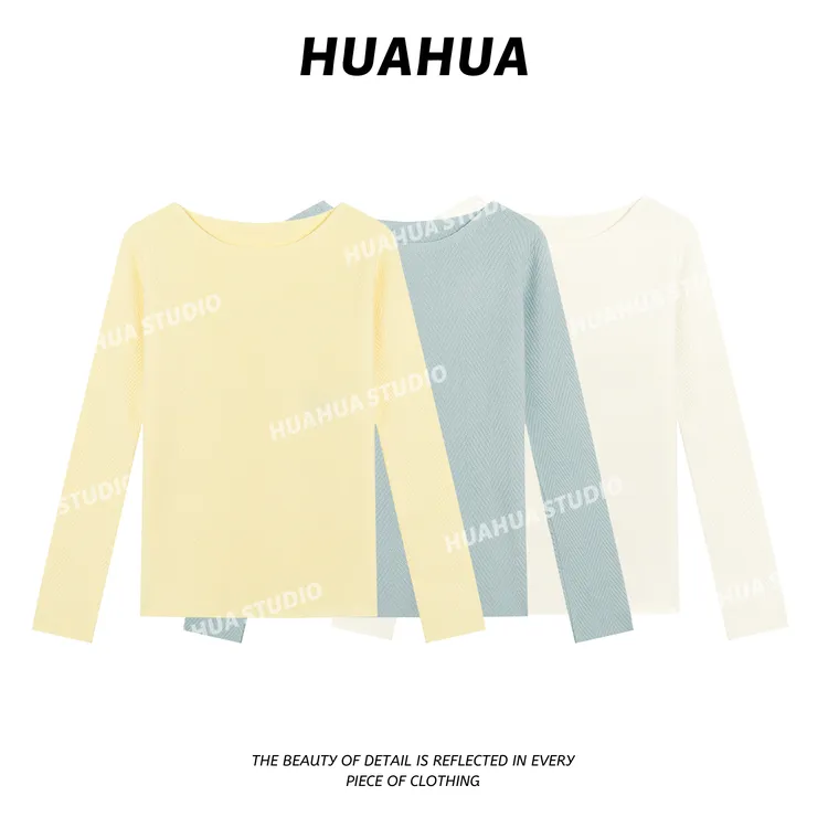 【花花】水波纹打底~轻肤绒纱线一字领长袖针织打底衫