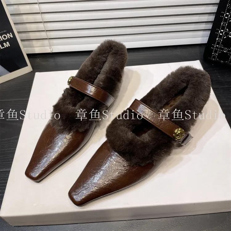 2025冬季新款浅口一脚蹬棉鞋加绒保暖低跟单鞋方头一字扣玛丽珍鞋