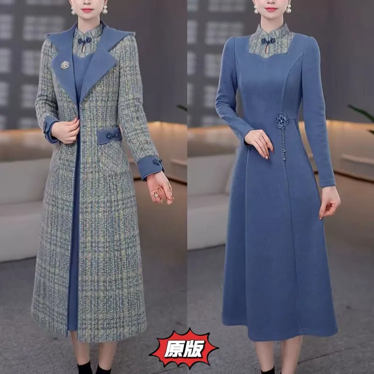 高档贵妃绒加棉加厚外套连衣裙两件套2025冬季新款显瘦洋气套装裙