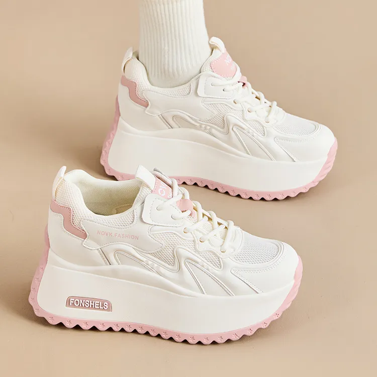 【7CM】2025春夏季透气网鞋厚底女式休闲单鞋小白鞋子百搭老爹鞋女