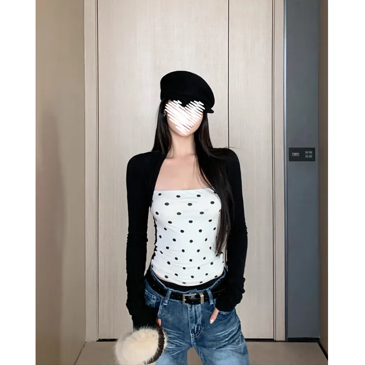 Two Million/高级感巨好看假两件波点撞色正肩长袖t恤抹胸上衣