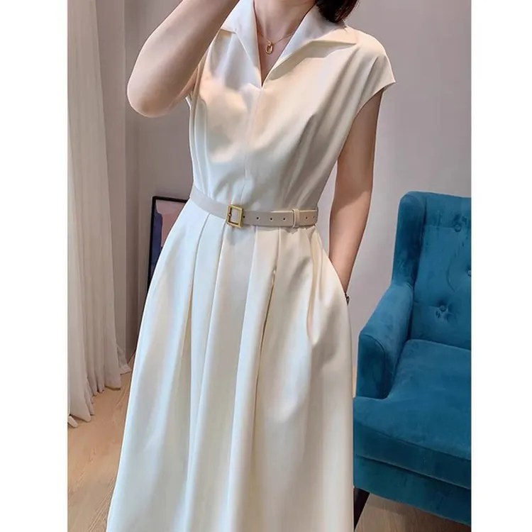 白色无袖收腰百褶连衣裙裙子文艺复古风新款显气质女装