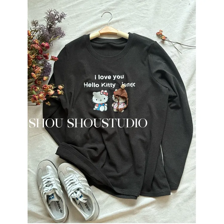 【瘦瘦】毛线帽KT-大码圆领印花百搭显瘦磨毛可爱加厚打底S02334