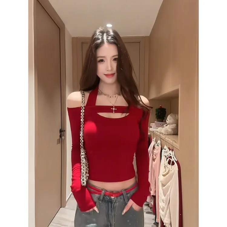 纯欲性感一字肩挂脖长袖t恤女秋冬内搭修身显瘦打底衫上衣F01850