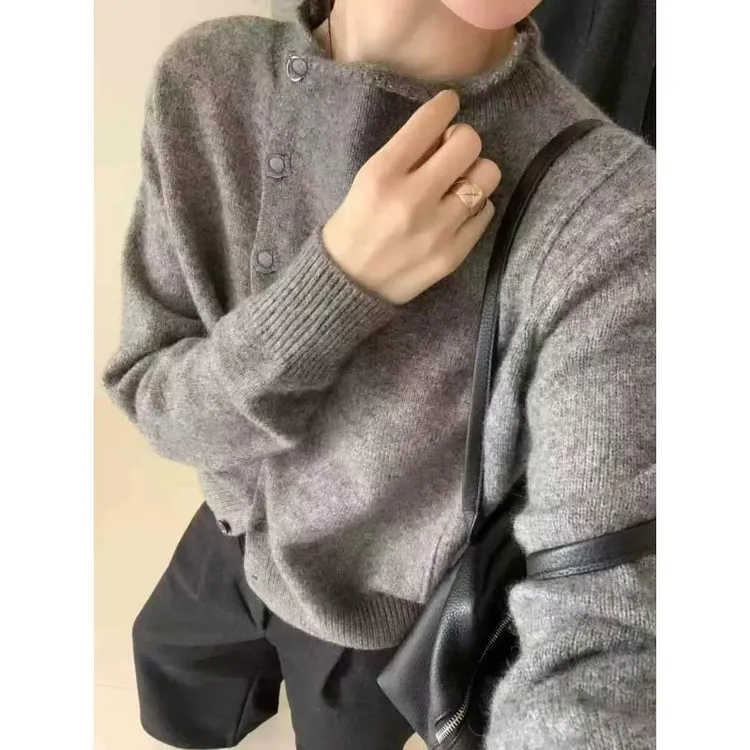 【鱼骨包扣】半高领厚款单排扣小个子慵懒针织开衫女毛衣秋冬新款