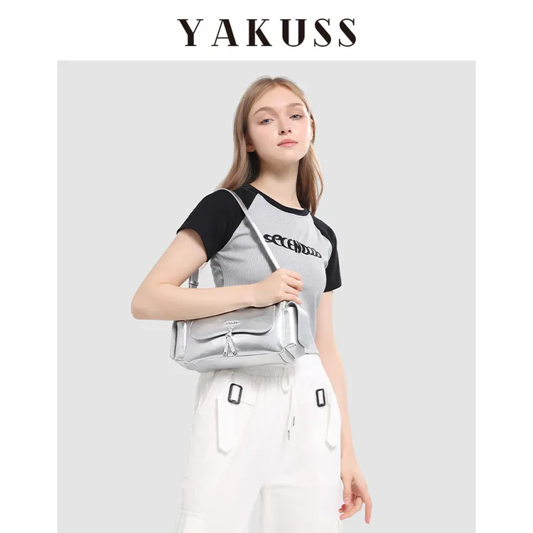 YAKUSS英国多口袋银色包包女 高级感纯色腋下女包单肩机车斜挎包