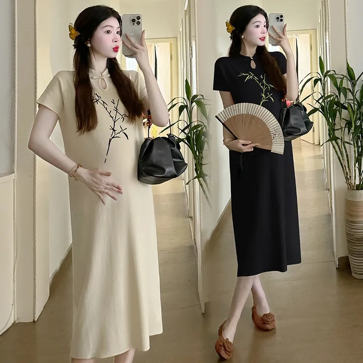 时髦孕妇装连衣裙夏季新中式盘扣国风刺绣改良旗袍气质孕妇装