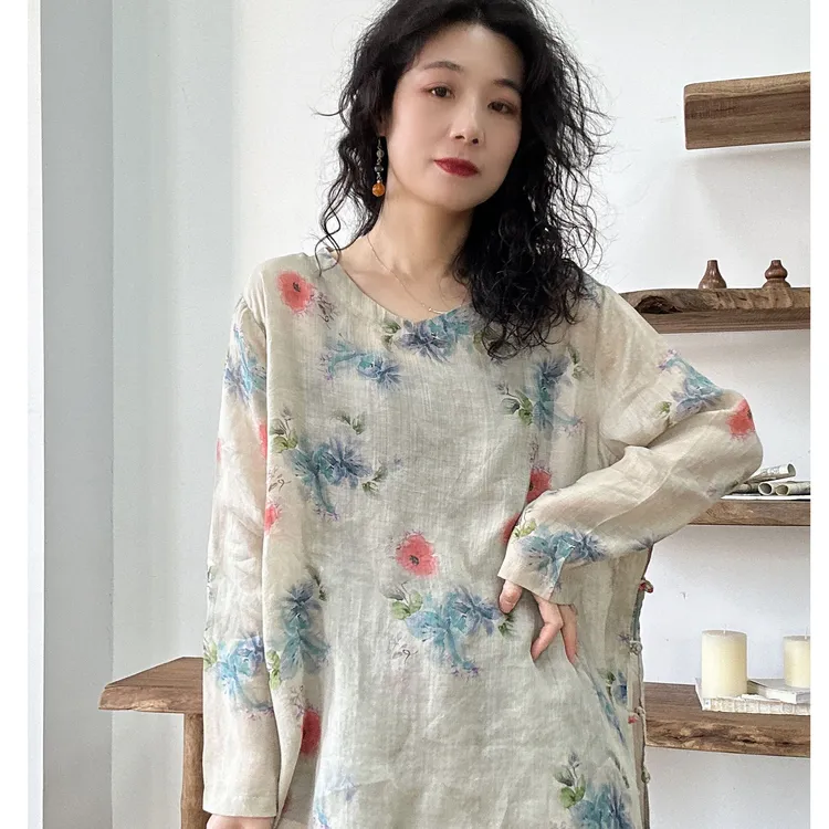 春夏禅意出行宽松套头中国风圆领民族风蝴蝶上衣成人印花文艺上衣