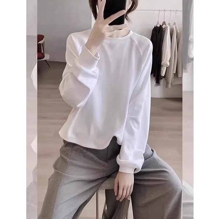 2025春秋季新款韩版长袖T恤女时尚简约白色打底内搭印花圆领上衣