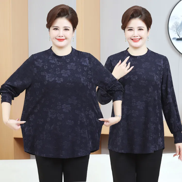 秋季新款妈妈装长袖T桖圆领打底衫中老年女装宽松休闲大码弹力衫