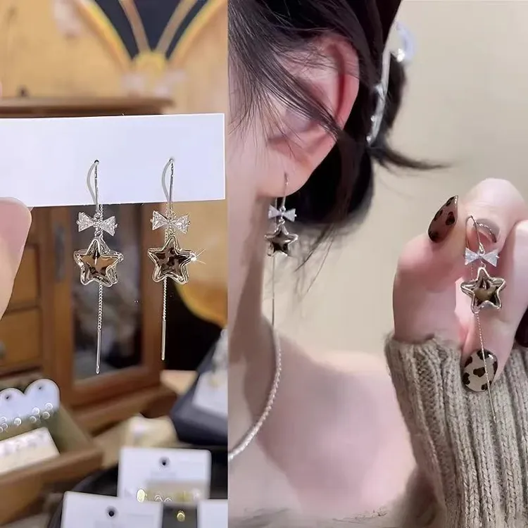 925银针耳饰豹纹星星蝴蝶结流苏耳线女轻奢小众精致百搭时尚耳环