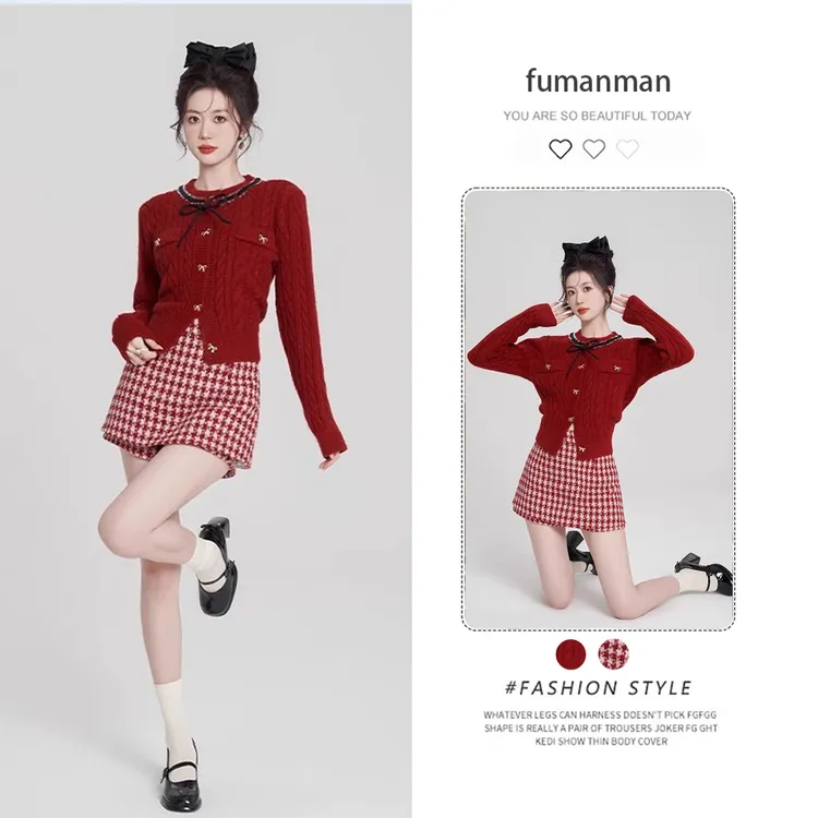 红色短款开衫毛衣外套女秋季小个子上衣搭学院风半身裙小香风套装