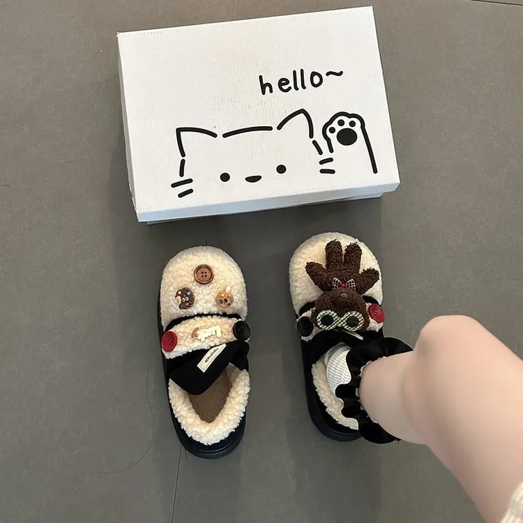 厚底一脚蹬卡通小熊毛毛休闲棉鞋女外穿2025冬新款加绒东北大棉鞋
