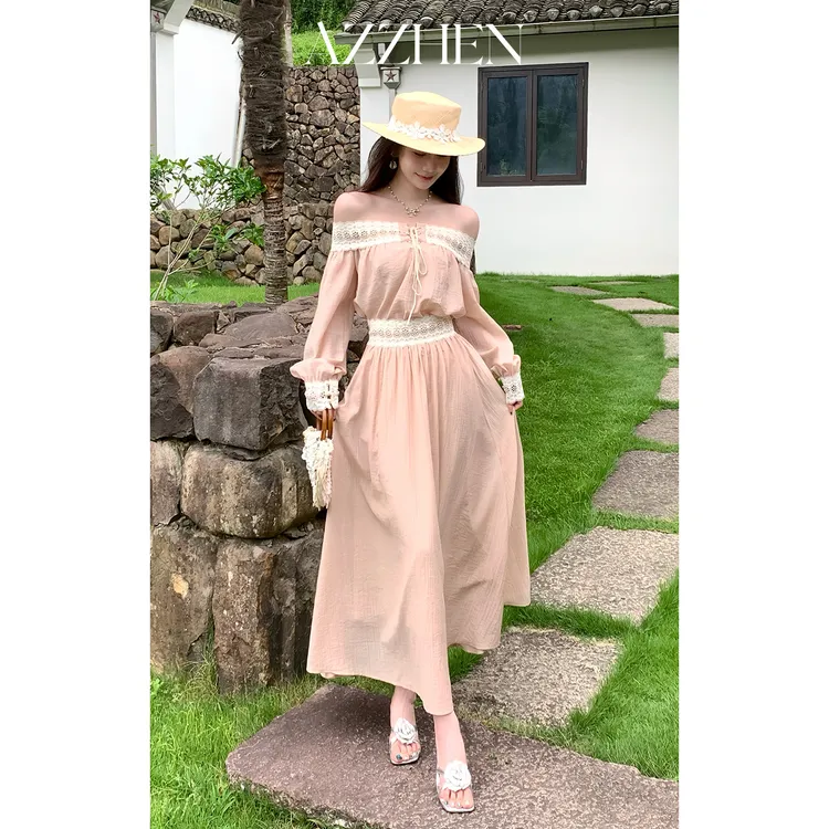 AZZHEN【沁粉佳人】一字肩蕾丝边小个子长裙套装AZ5FSZ10-SS/AZ5F