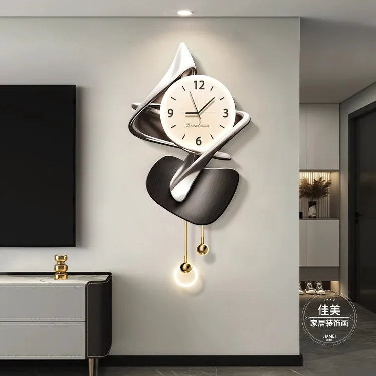 现代简约电视背景墙装饰画轻奢客厅钟表挂画高档抽象壁灯挂件时钟