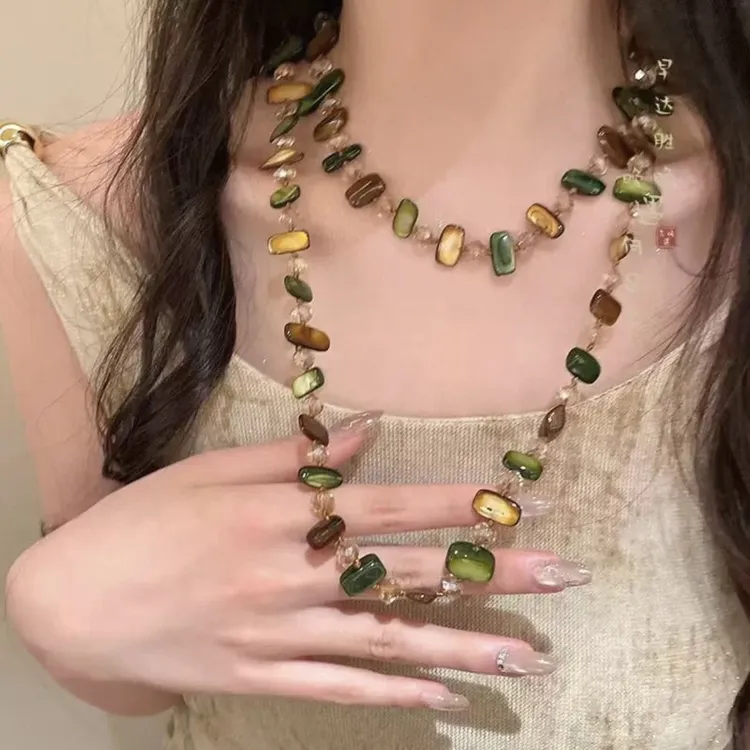 合金贝壳项链 Vintage中古彩色不规则毛衣链女新中式轻奢复古颈链