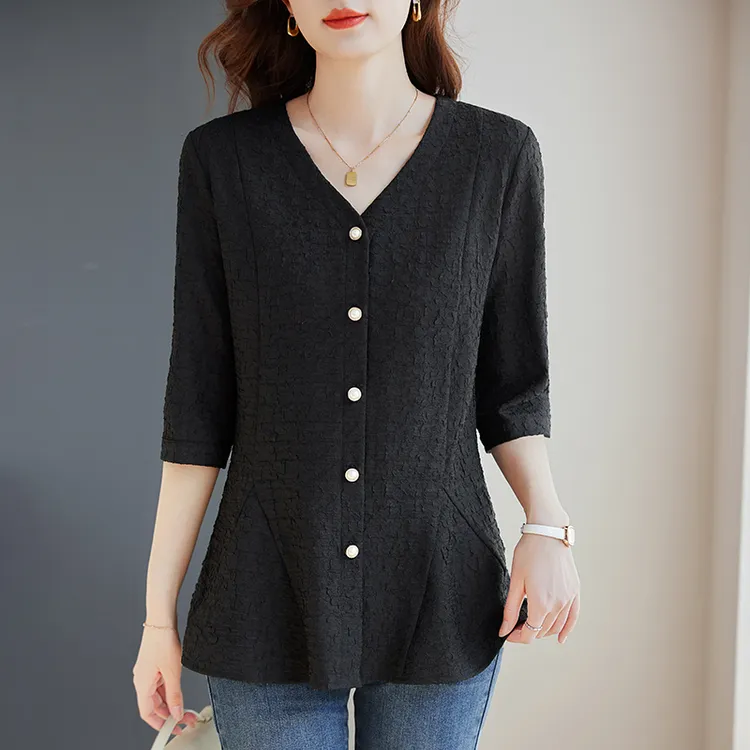 黑色V领蕾丝打底衫七分袖2025秋季新款女装大码洋气百搭女士上衣