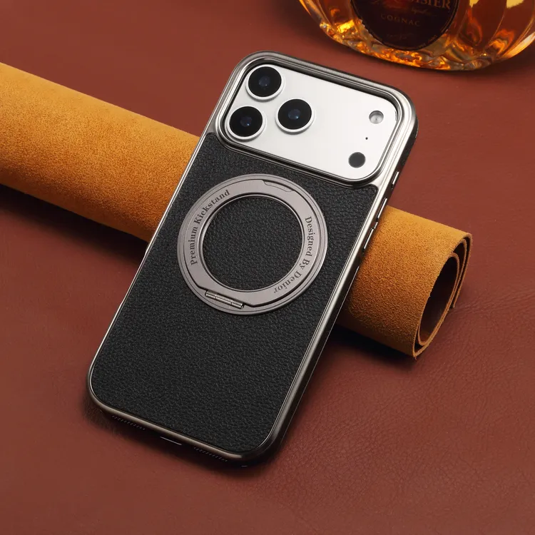 适用苹果17ProMax皮质荔枝纹磁吸旋转支架手机壳iPhone161514防摔