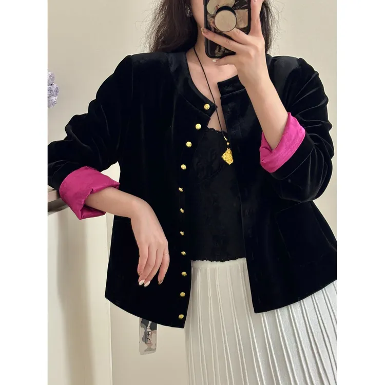 新中式圆领单排扣撞色丝绒外套女2025春秋新款小个子短款气质上衣