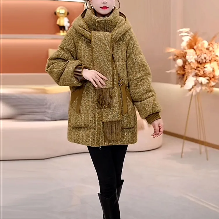 加厚贵妃绒冬季宽松羽绒服2025冬季新款女士围巾领连帽白鸭绒外套