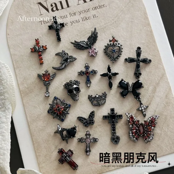 暗黑朋克风十字架锆石钻饰克罗心铜镶锆美甲超闪吊坠饰品金色配件