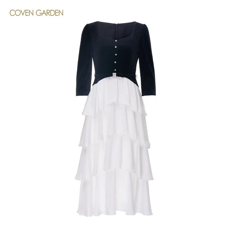 【哥文花园】 2025早秋新款弹力丝绒方领连衣裙蛋糕裙 CSC3081128