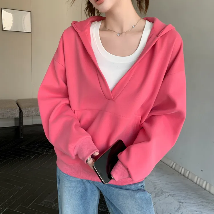 V领连帽卫衣外套女春秋冬百搭宽松显瘦带口袋休闲慵懒风上衣