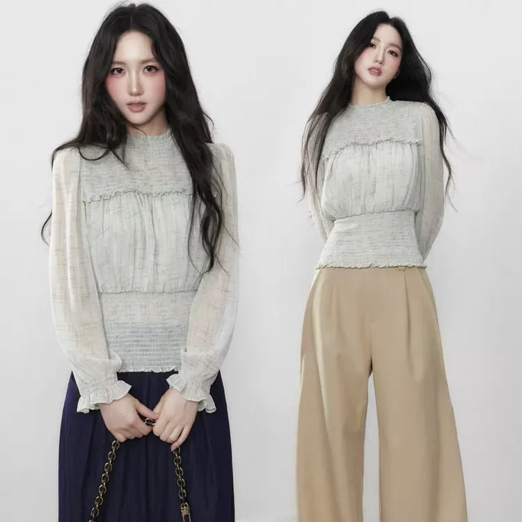 誉芝yuzhi 通勤简约百搭秋季绿色圆领雪纺收腰显瘦防晒长袖上衣女