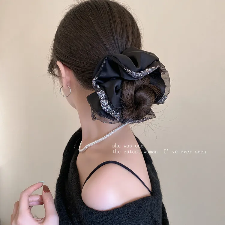 高级感水钻纱边缎面肥肠圈2025新款气质扎发头绳大号皮筋头花发圈