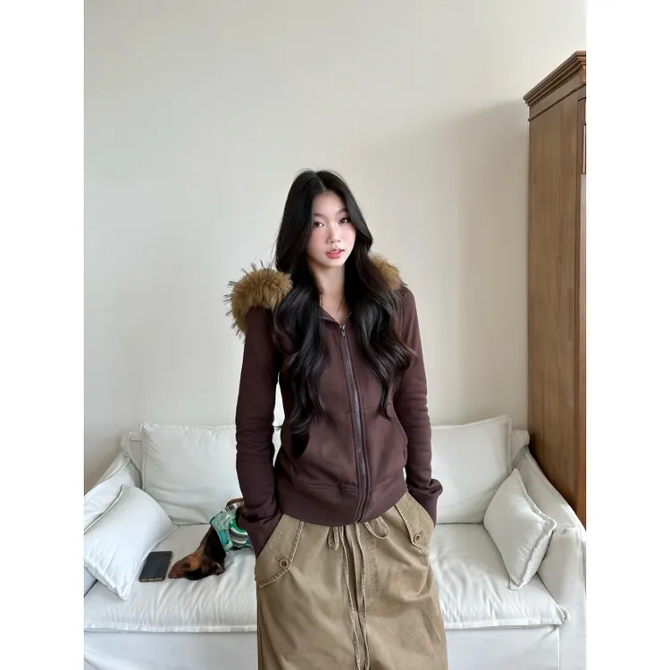 withmin凉皮 栗子可可 美式毛领拉链卫衣百搭显瘦拉链外套2524224