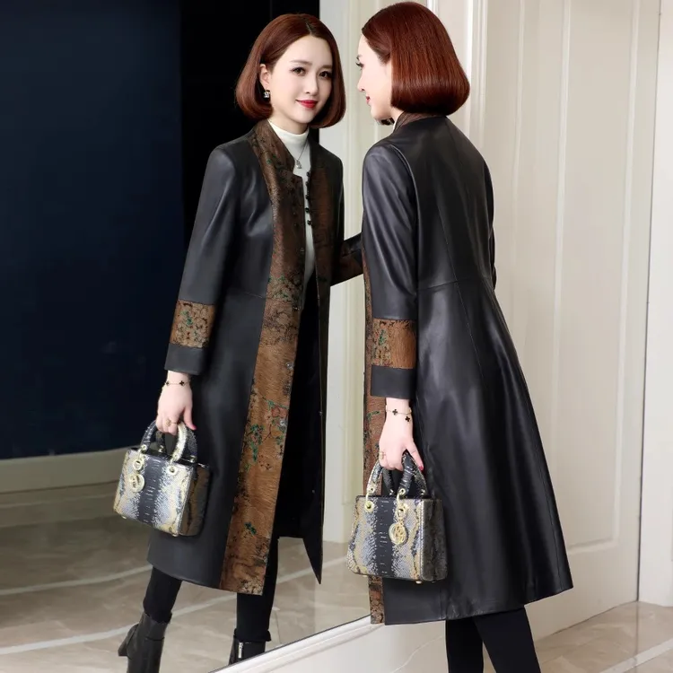 海宁真皮皮衣女2025新款春秋立领显瘦纯绵羊皮妈妈风衣外套中长款
